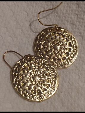 Faux Gold Textured Disc Drop Earrings